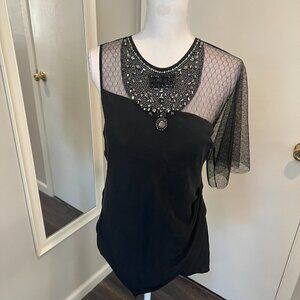 BCBGMaxAzria Black Beaded One Shoulder Mesh asymmetrical Silk blouse, Size S